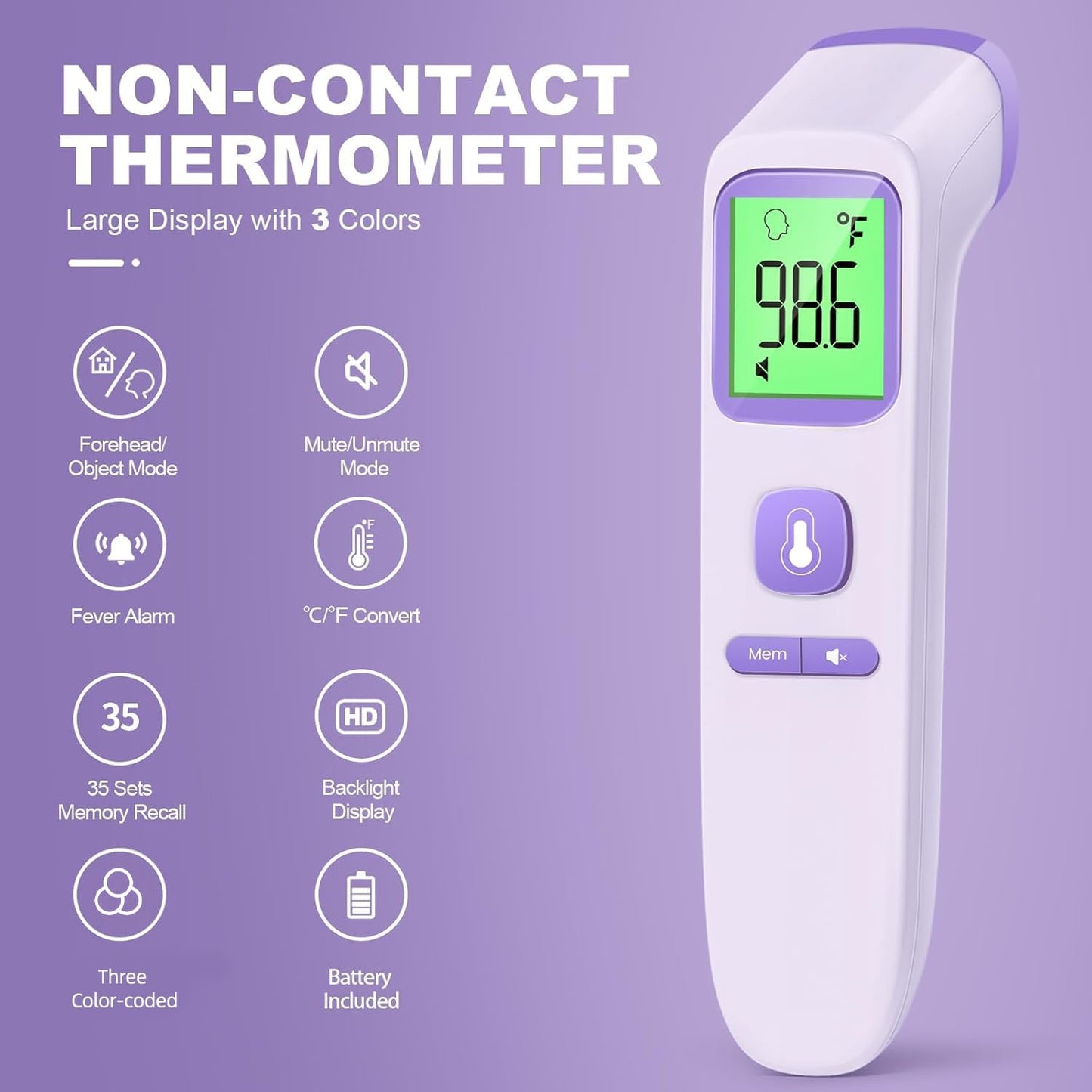 No-Touch Infrared Thermometer - 2-in-1 Forehead & Object Mode with Fever Alarm