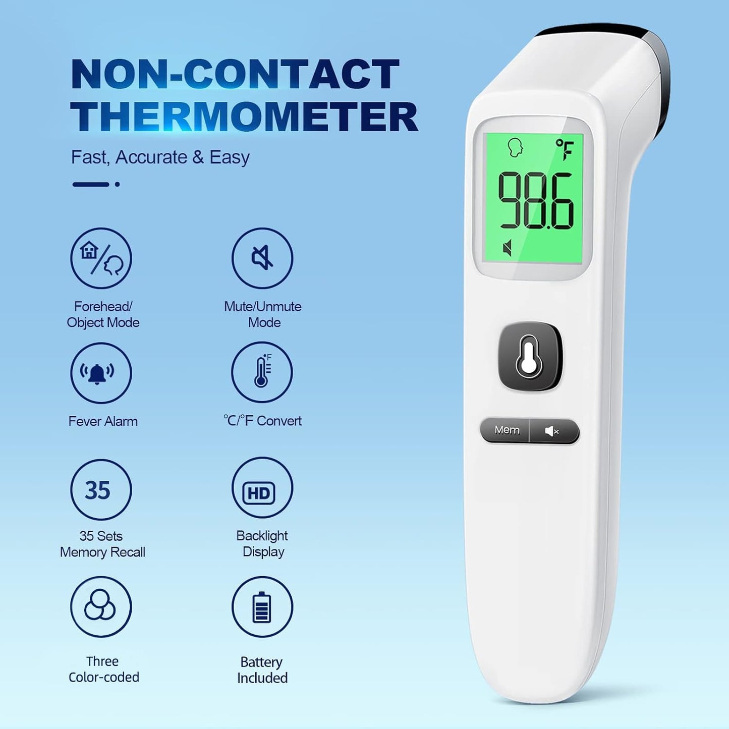 No-Touch Infrared Thermometer - 2-in-1 Forehead & Object Mode with Fever Alarm