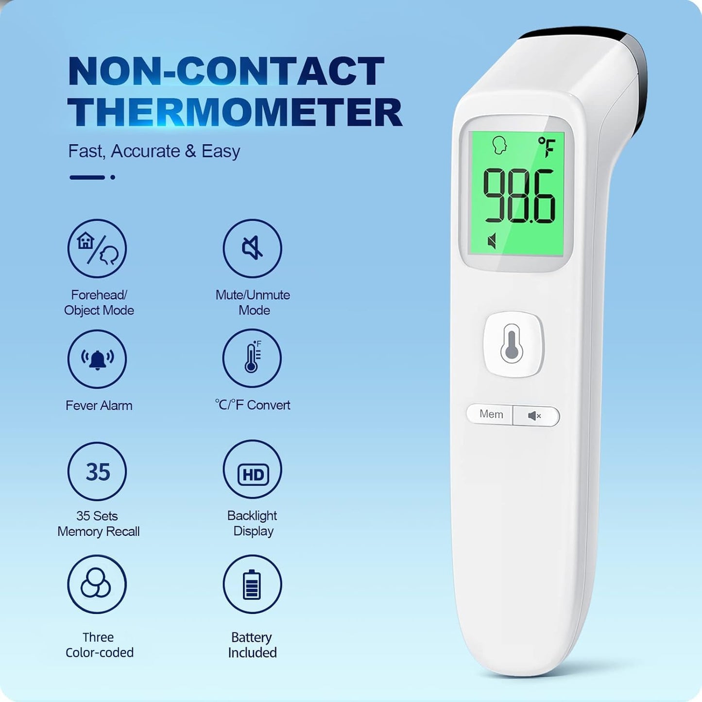 No-Touch Infrared Thermometer - 2-in-1 Forehead & Object Mode with Fever Alarm