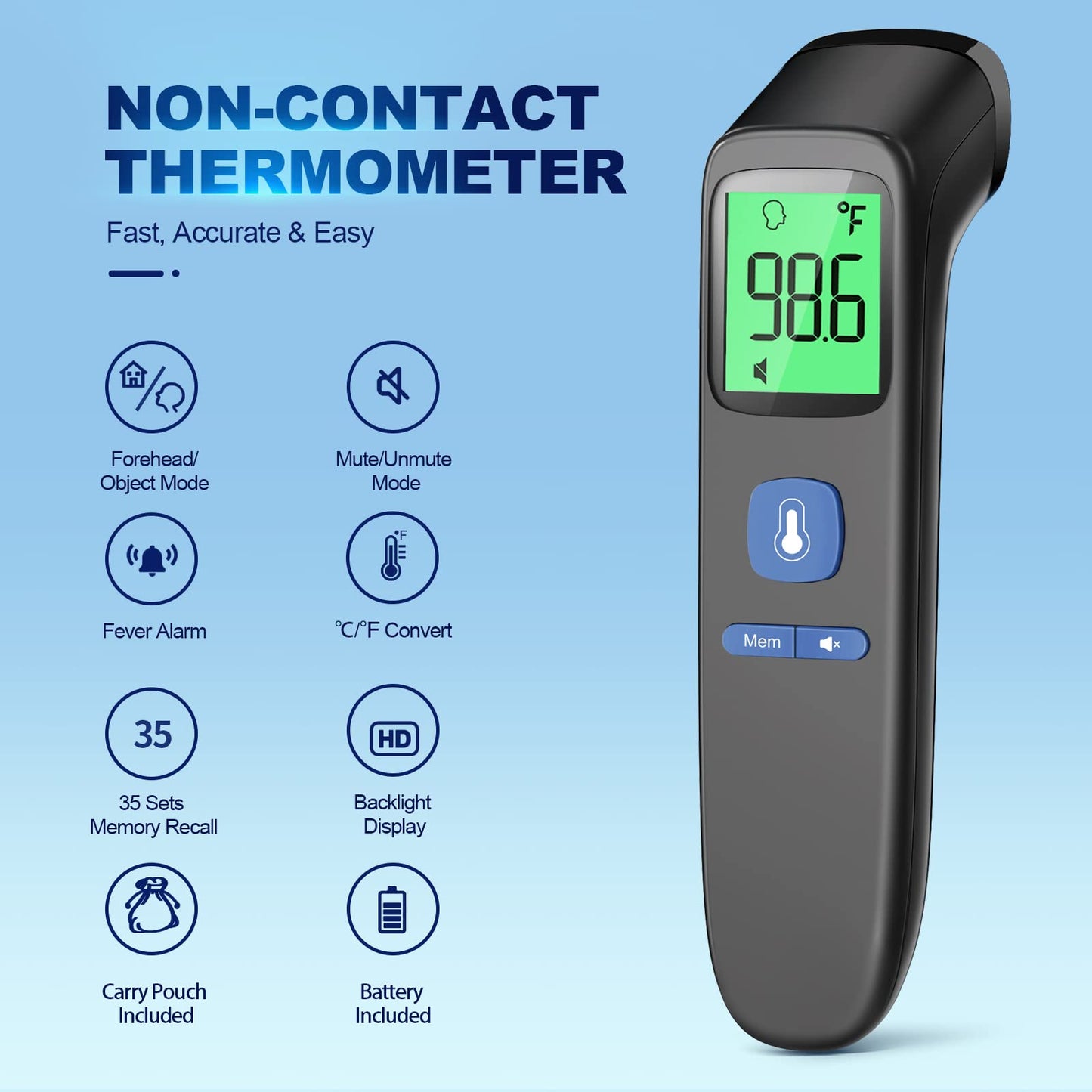 No-Touch Infrared Thermometer - 2-in-1 Forehead & Object Mode with Fever Alarm
