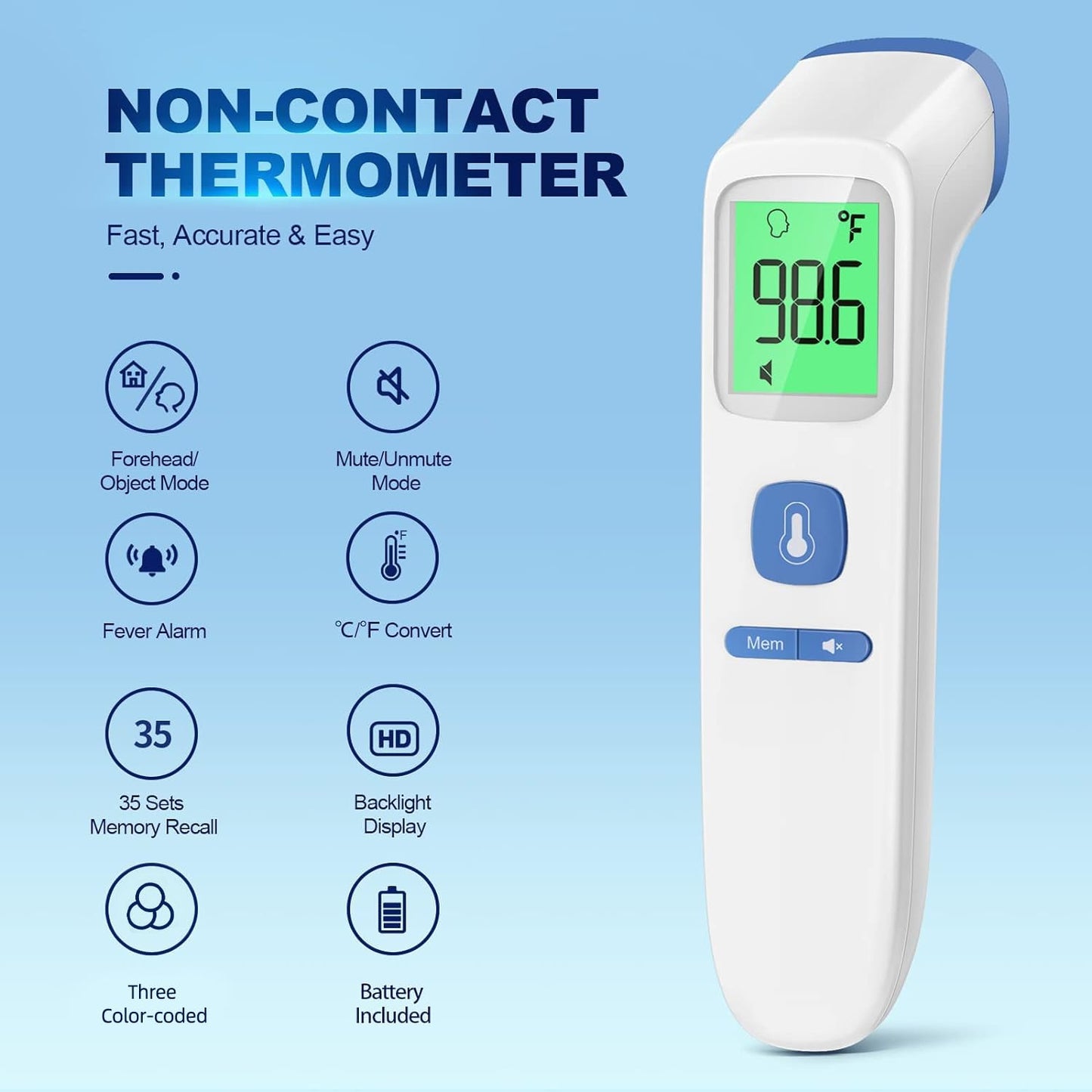 No-Touch Infrared Thermometer - 2-in-1 Forehead & Object Mode with Fever Alarm