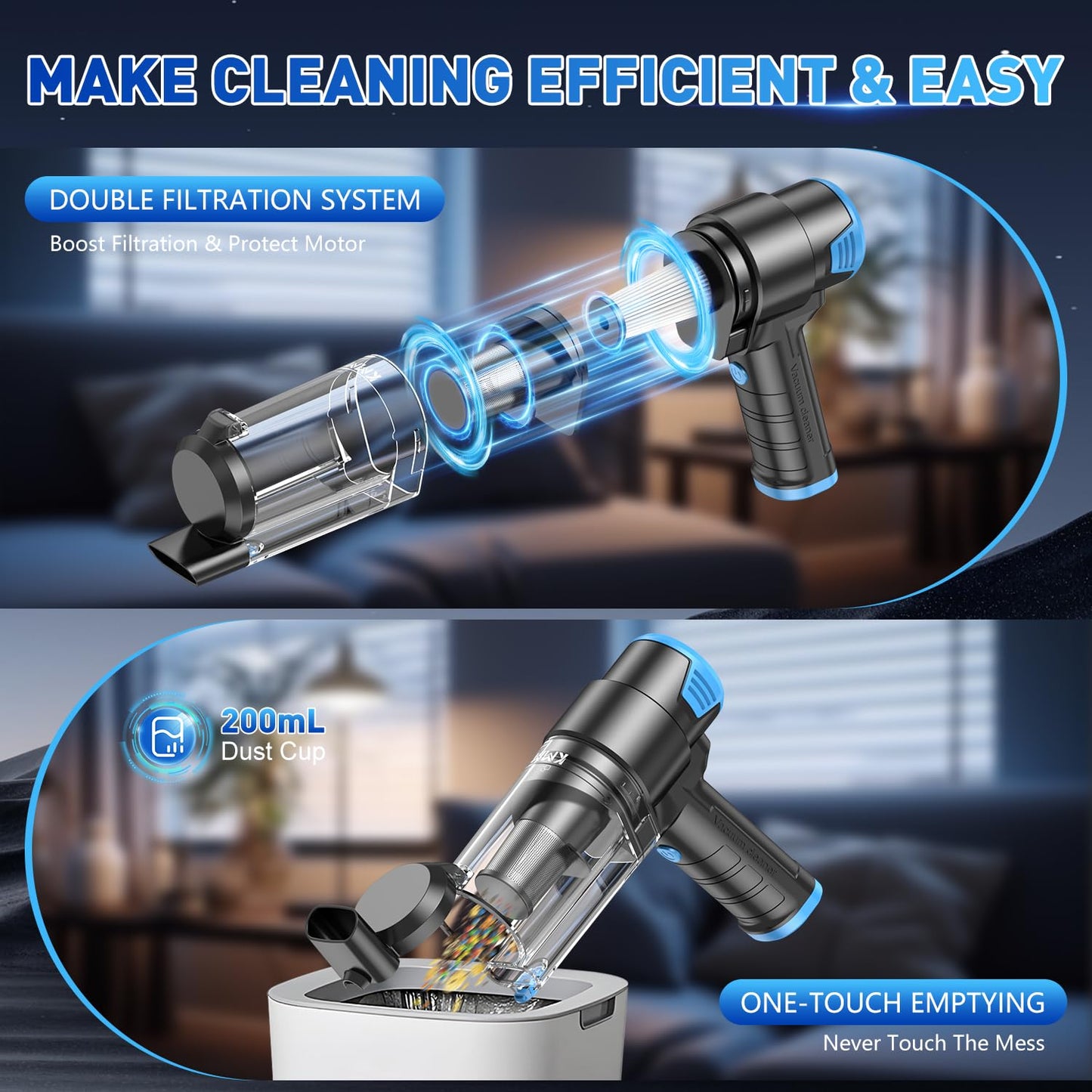 KMM Handheld Car Vacuum - 9000Pa Power with Air Duster & LED Light
