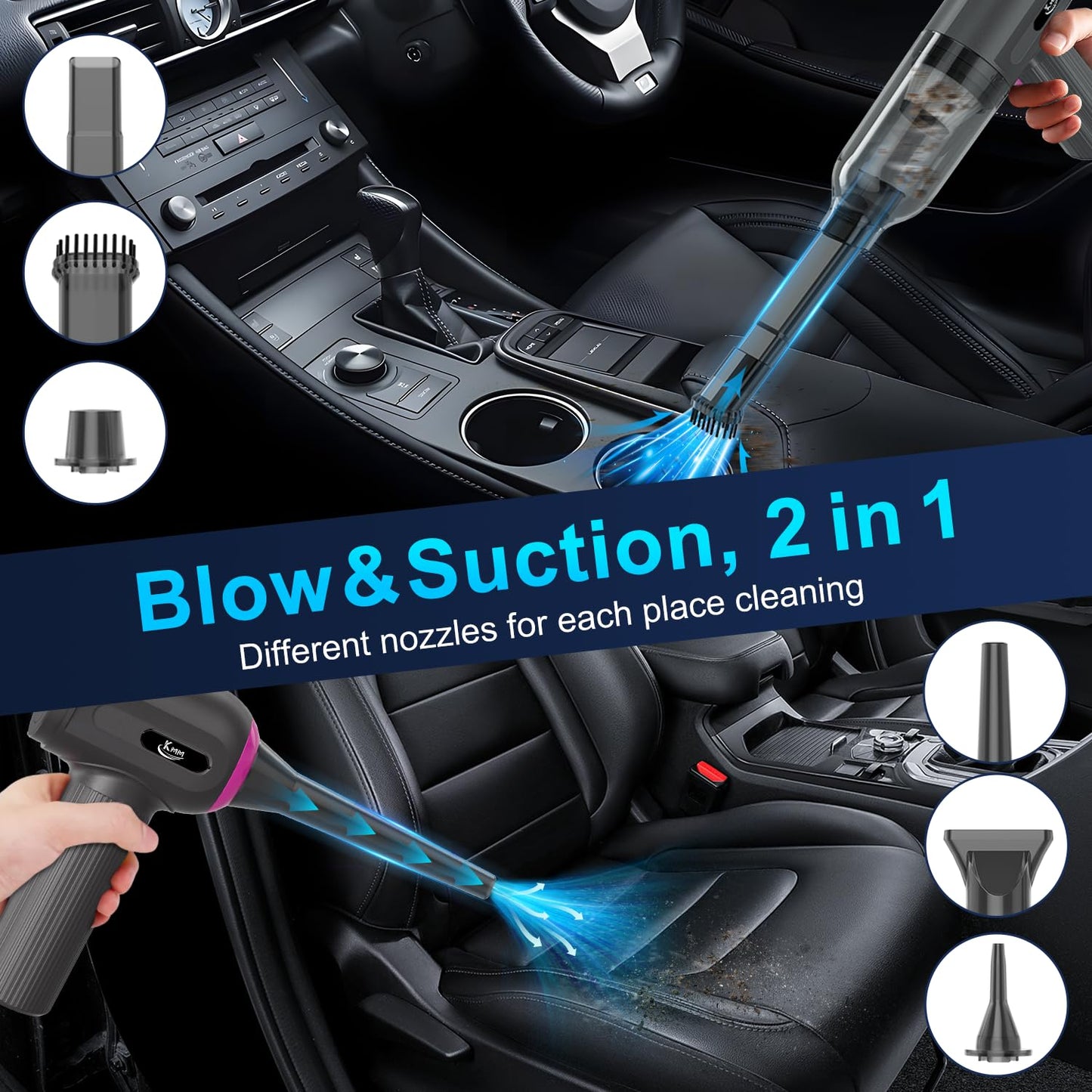 KMM Handheld Car Vacuum - 9000Pa Power with Air Duster & LED Light