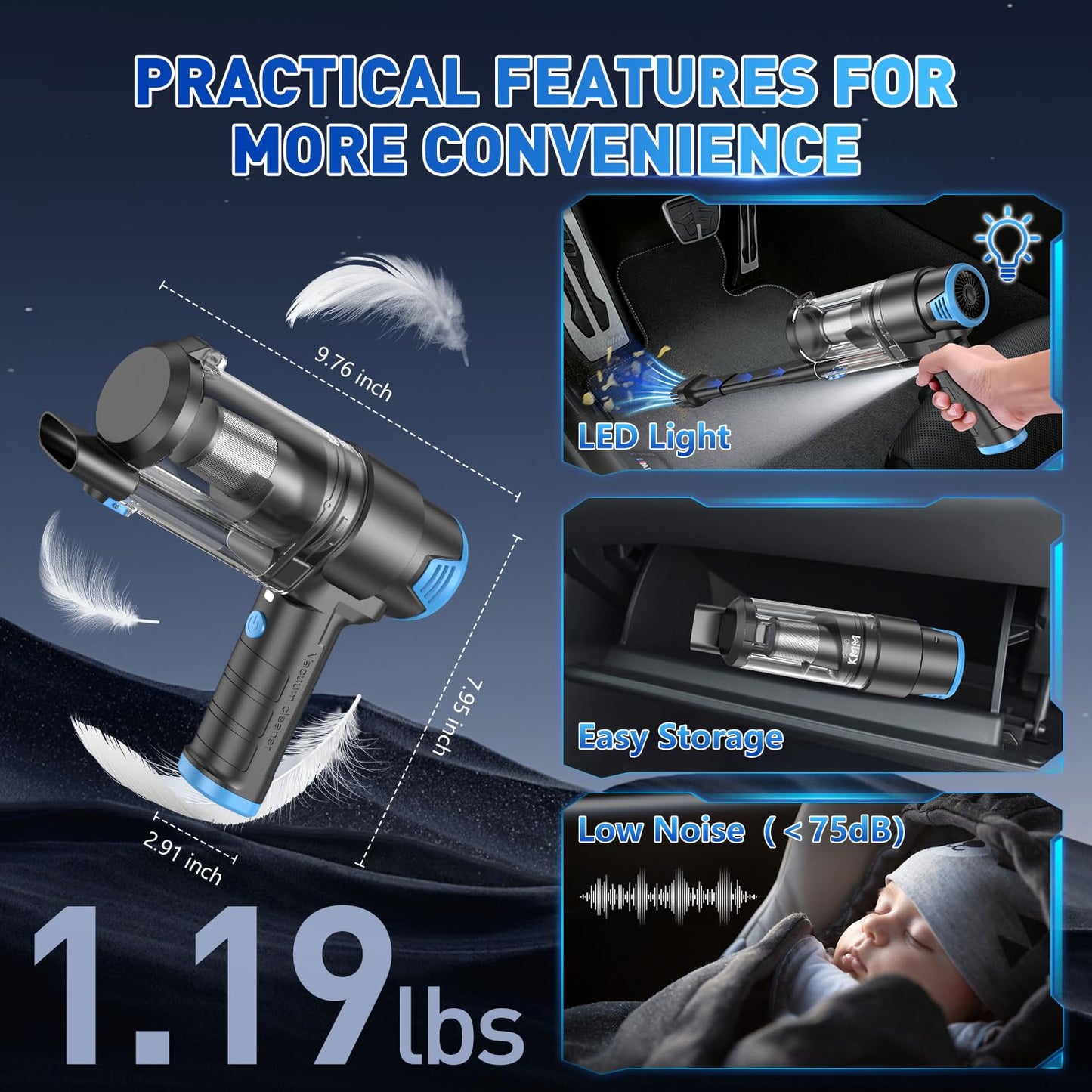 KMM Handheld Car Vacuum - 9000Pa Power with Air Duster & LED Light