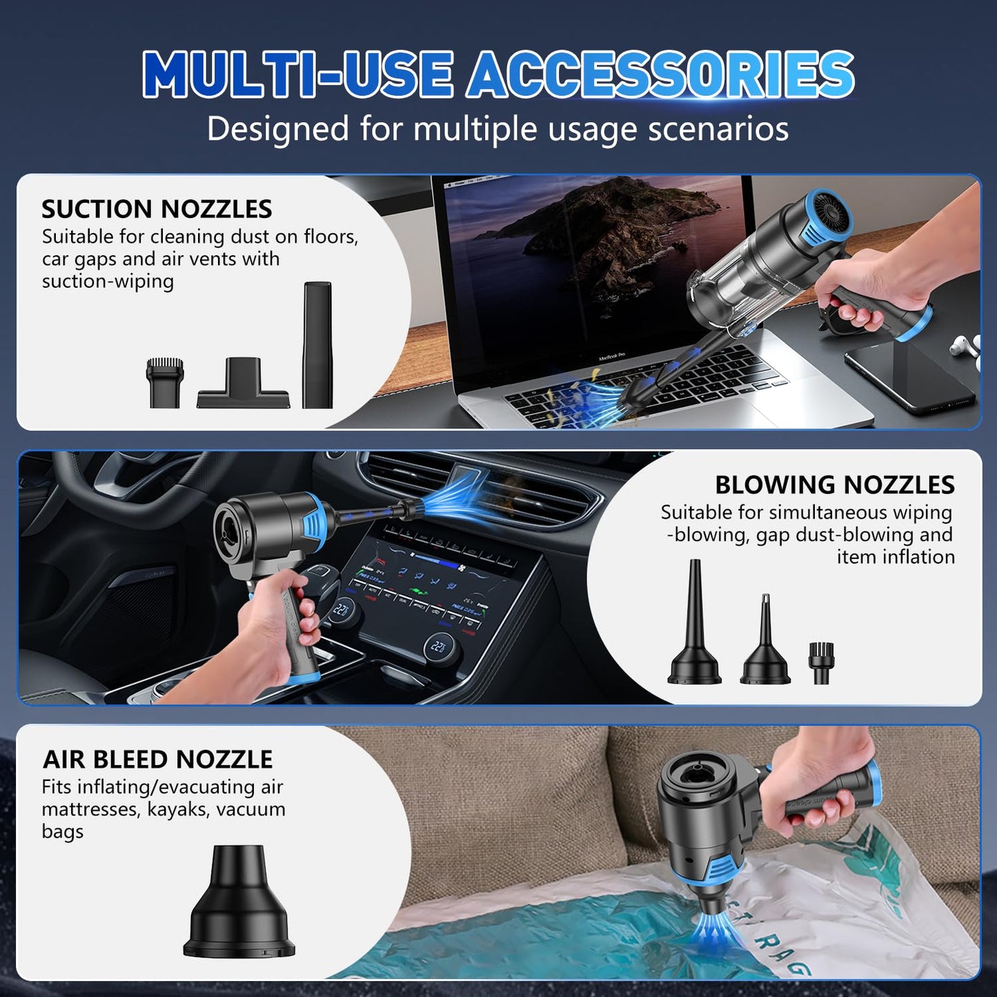 KMM Handheld Car Vacuum - 9000Pa Power with Air Duster & LED Light