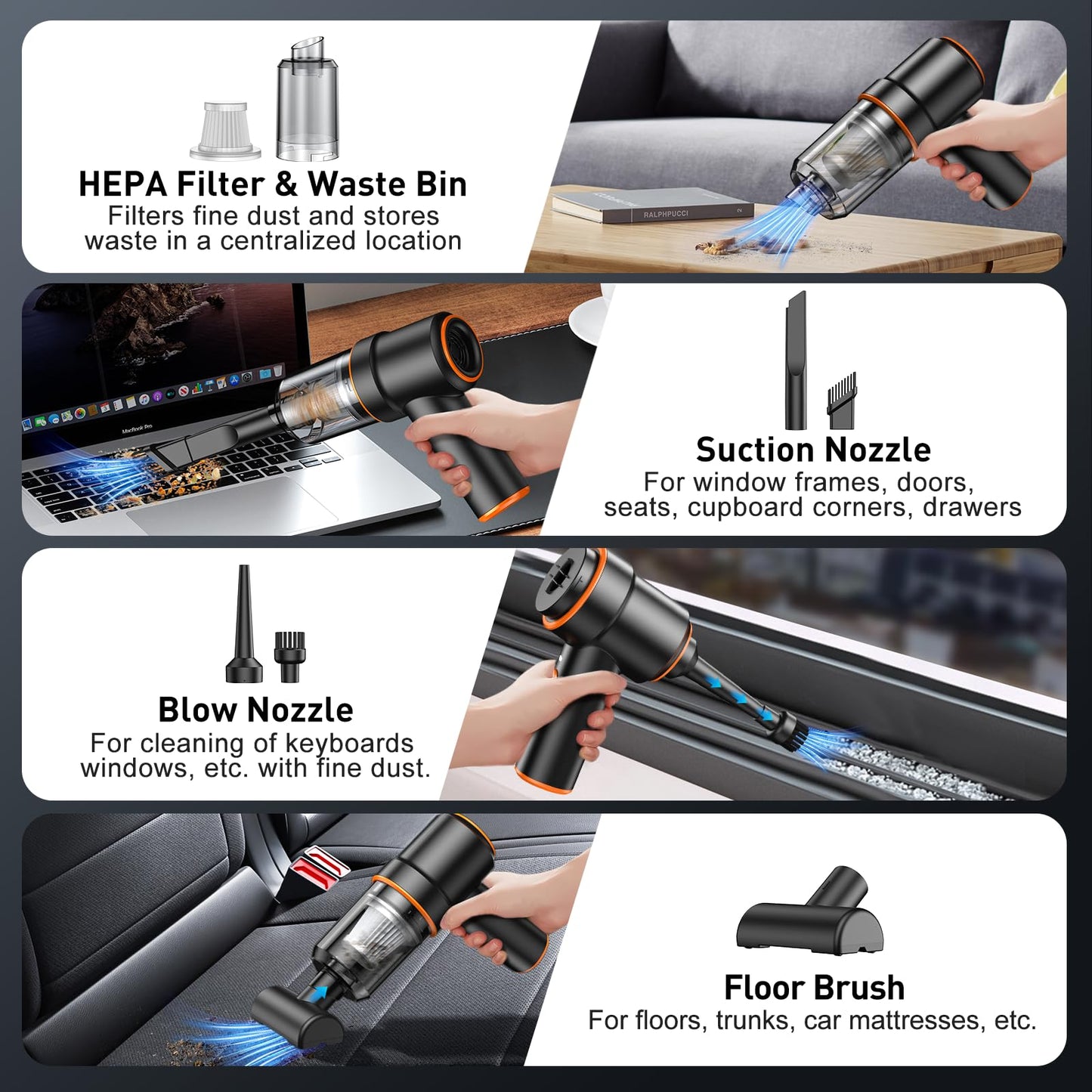 KMM Handheld Car Vacuum - 9000Pa Power with Air Duster & LED Light