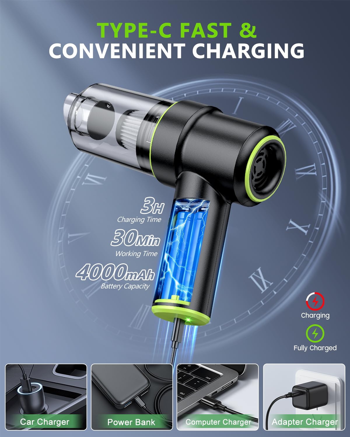 KMM Handheld Car Vacuum - 9000Pa Power with Air Duster & LED Light