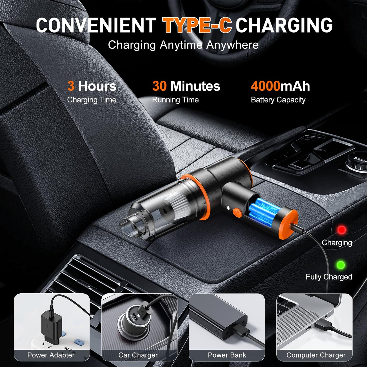 KMM Handheld Car Vacuum - 9000Pa Power with Air Duster & LED Light