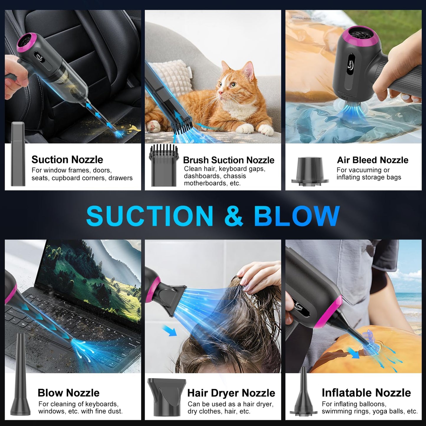 KMM Handheld Car Vacuum - 9000Pa Power with Air Duster & LED Light