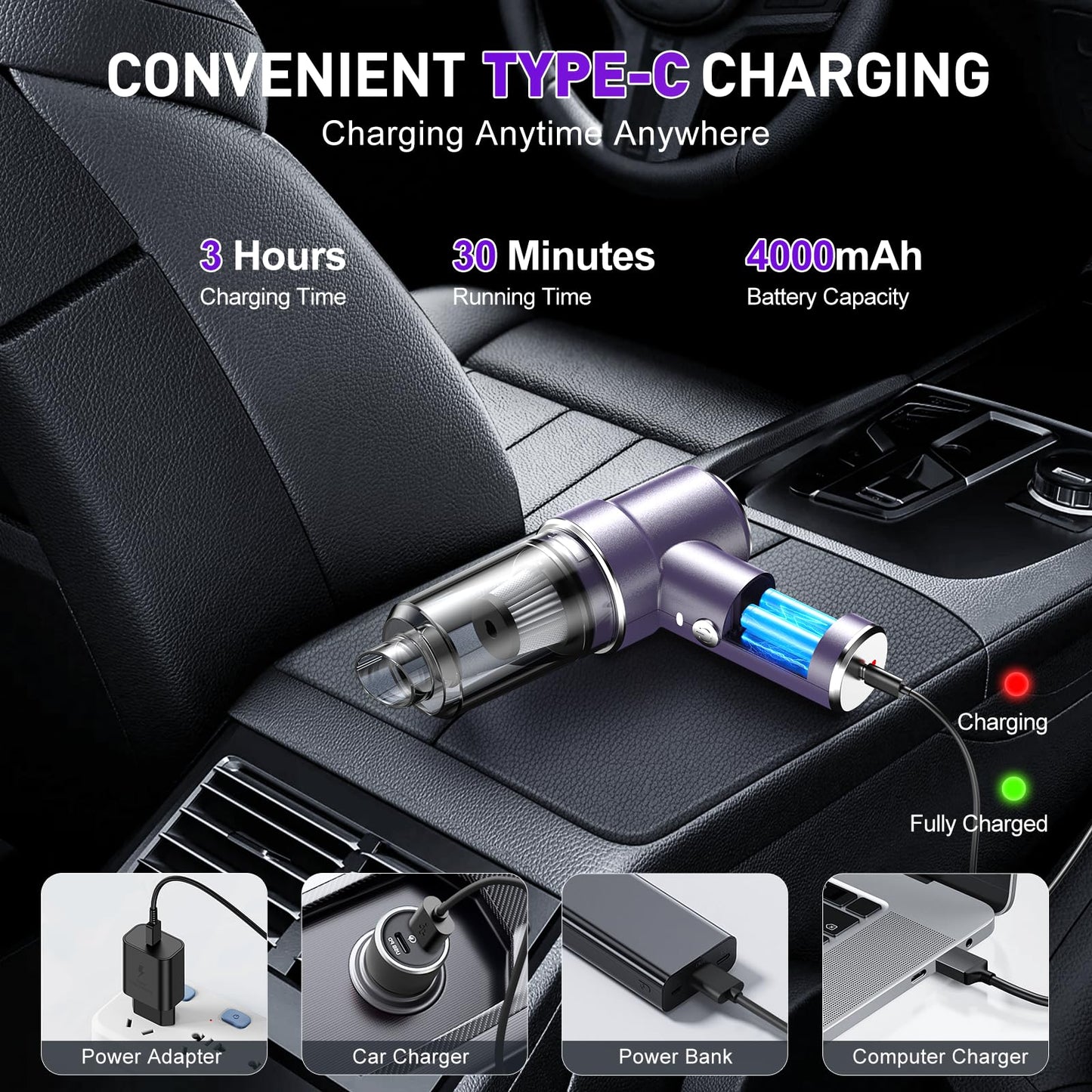 KMM Handheld Car Vacuum - 9000Pa Power with Air Duster & LED Light