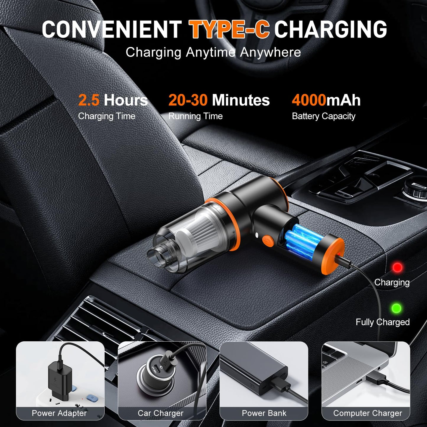 KMM Handheld Car Vacuum - 9000Pa Power with Air Duster & LED Light