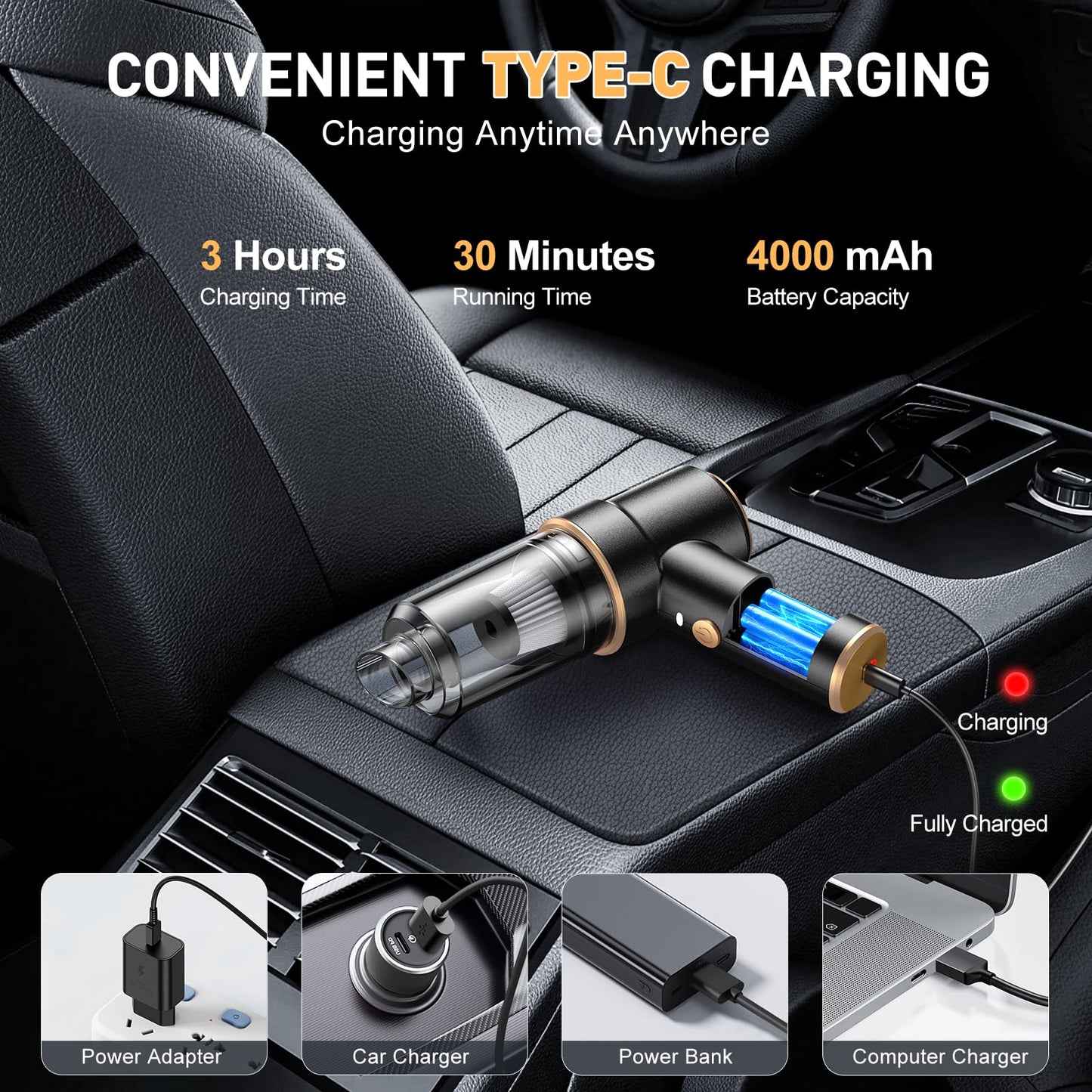 KMM Handheld Car Vacuum - 9000Pa Power with Air Duster & LED Light