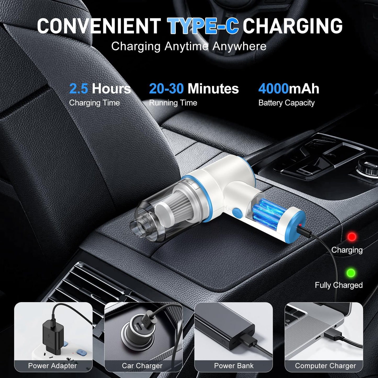 KMM Handheld Car Vacuum - 9000Pa Power with Air Duster & LED Light