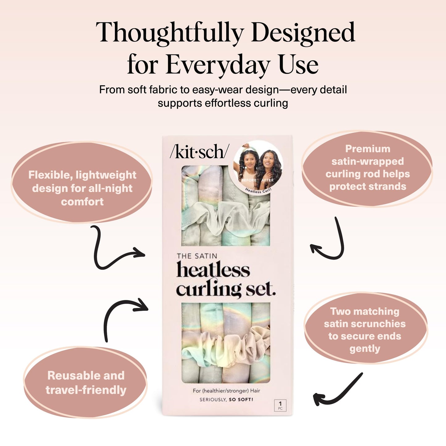 Kitsch Heatless Curling Set - Overnight Curls with Satin Hair Curler & Scrunchies