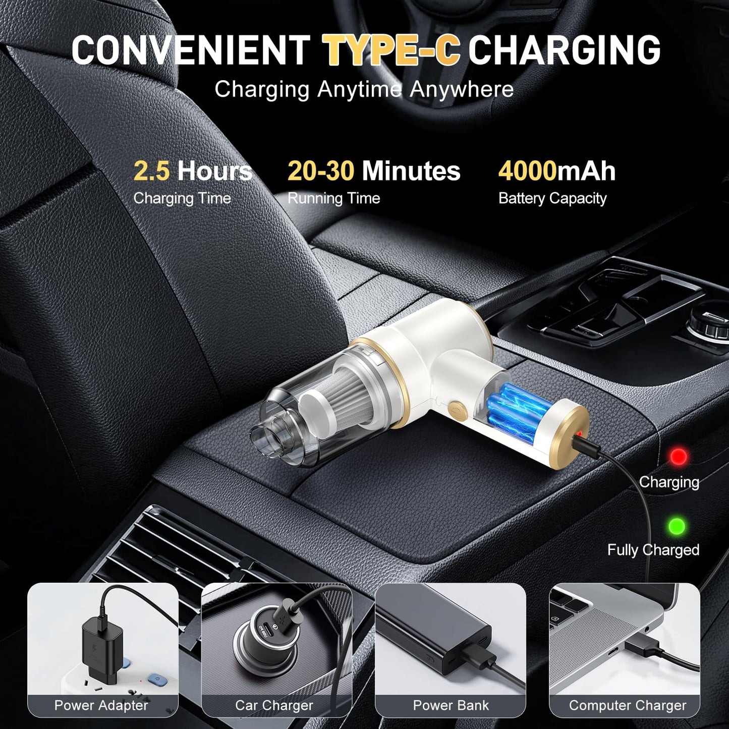 KMM Handheld Car Vacuum - 9000Pa Power with Air Duster & LED Light
