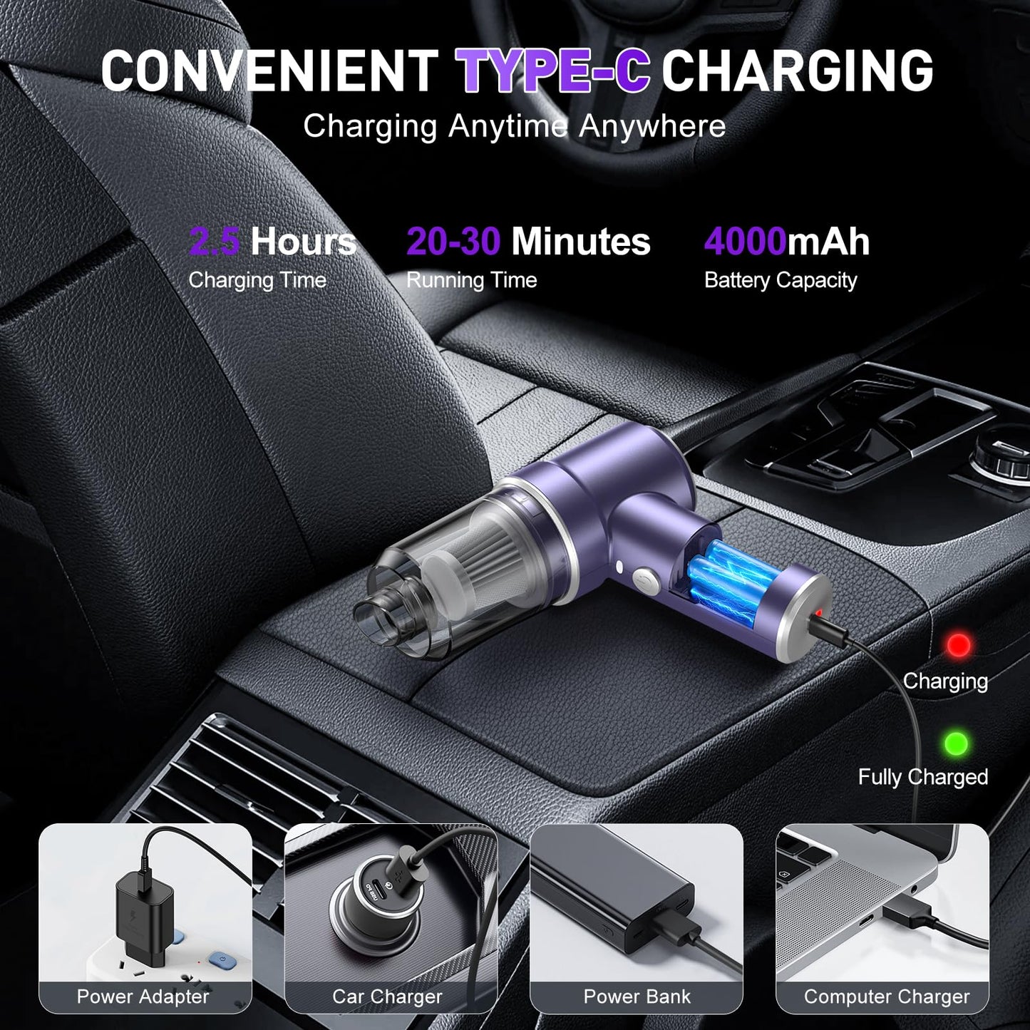 KMM Handheld Car Vacuum - 9000Pa Power with Air Duster & LED Light