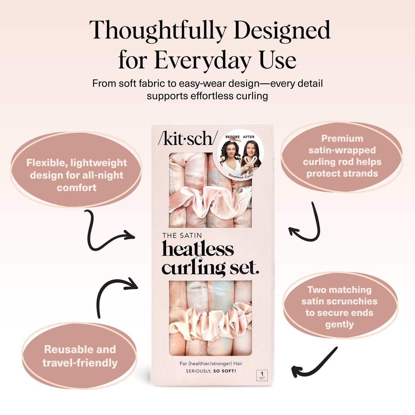 Kitsch Heatless Curling Set - Overnight Curls with Satin Hair Curler & Scrunchies